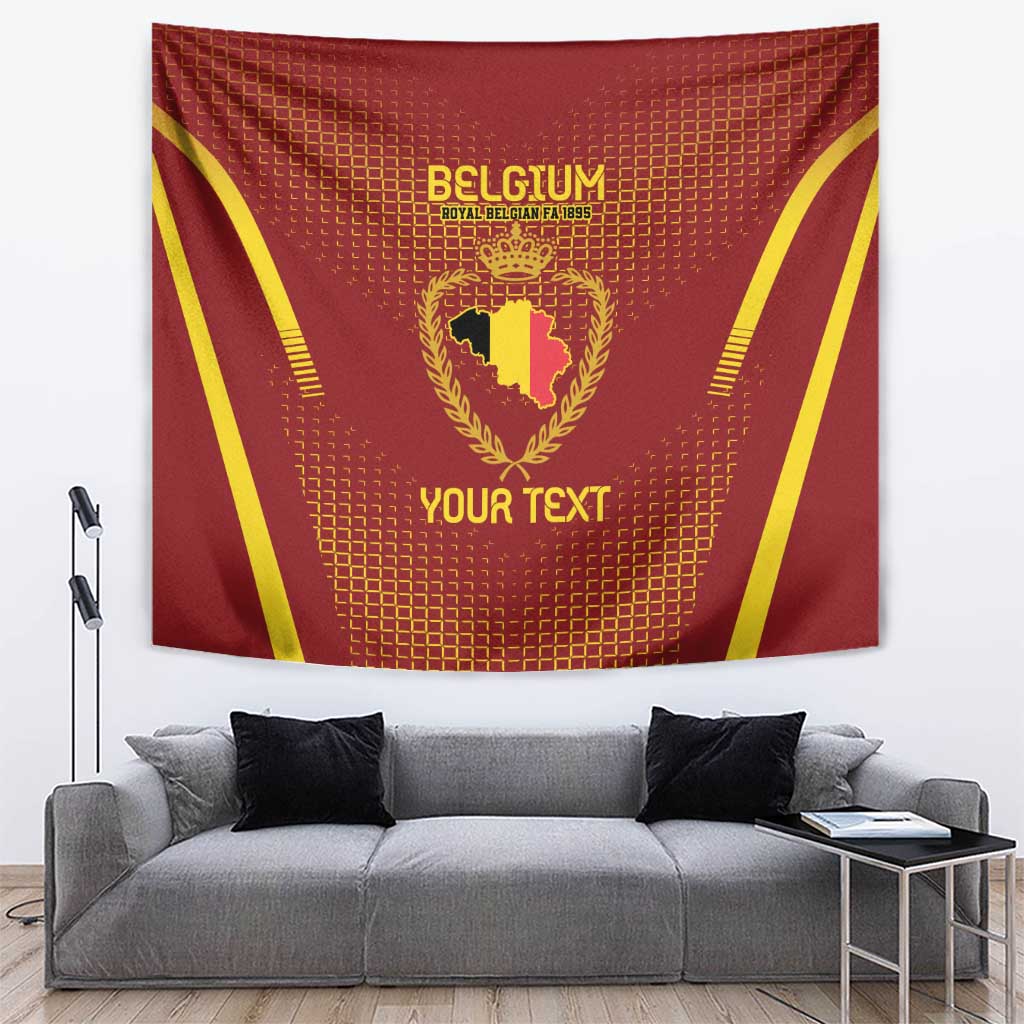 Red Belgium football tapestry with gold emblem, yellow side stripes, and 'YOUR TEXT'.