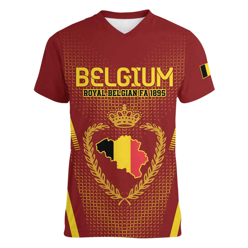 Custom Belgium Football Women V-Neck T-Shirt Royal Belgian 1895 with Map Style - Wonder Print Shop