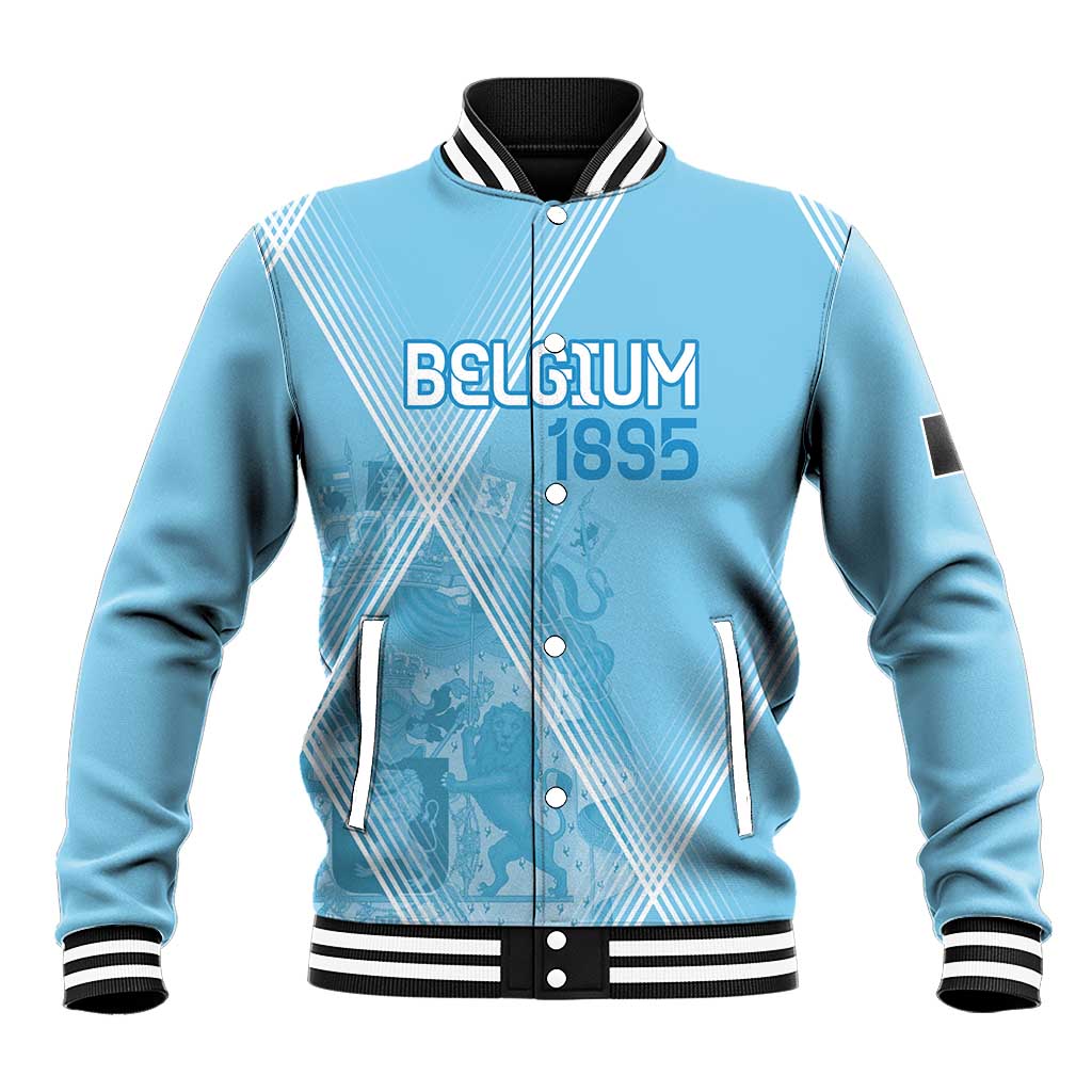 Light blue baseball jacket with front zip buttons, BELGIUM 1895 print, striped rib trim