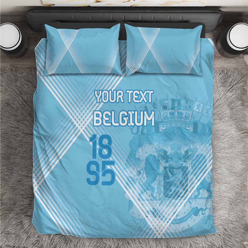 Blue football bedding set with two pillowcases showing 'YOUR TEXT BELGIUM' and 18/95