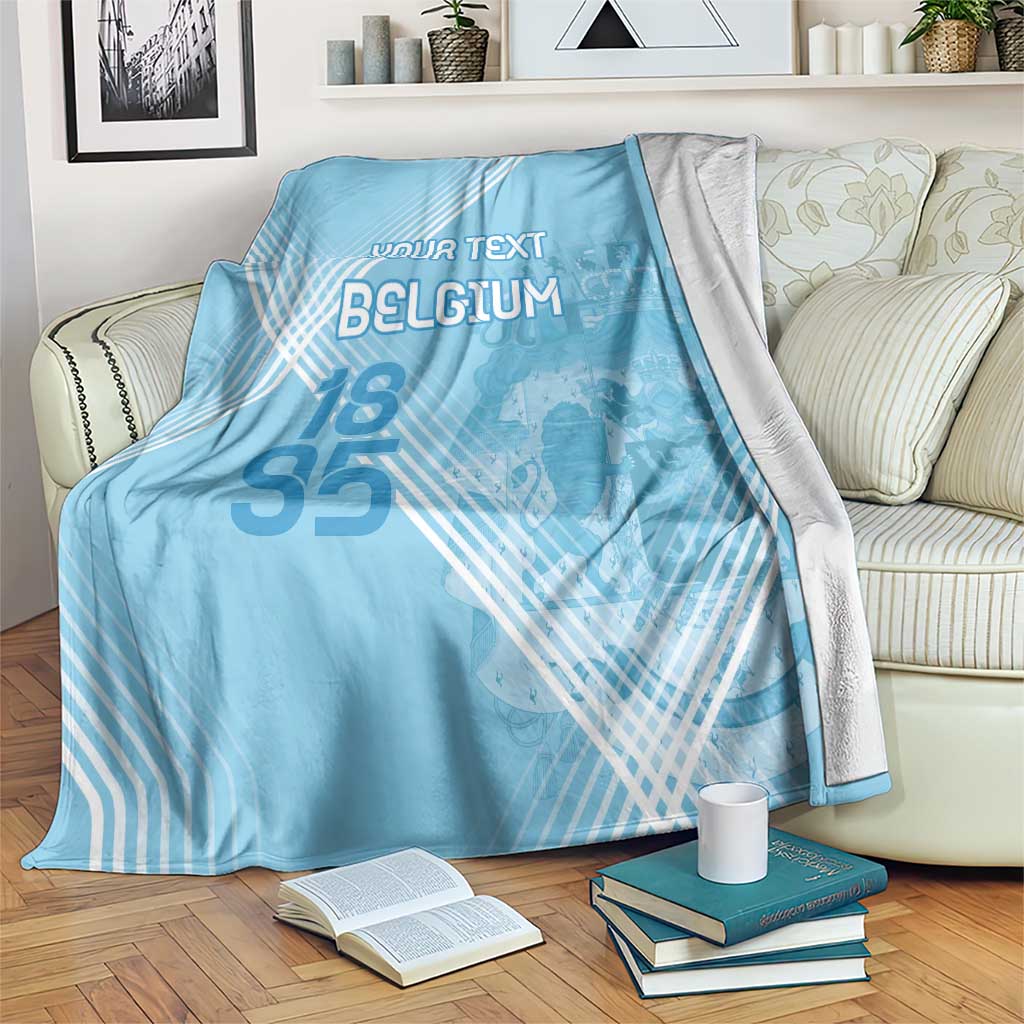 Light blue football blanket with custom text, Belgium print, and large 95 numerals