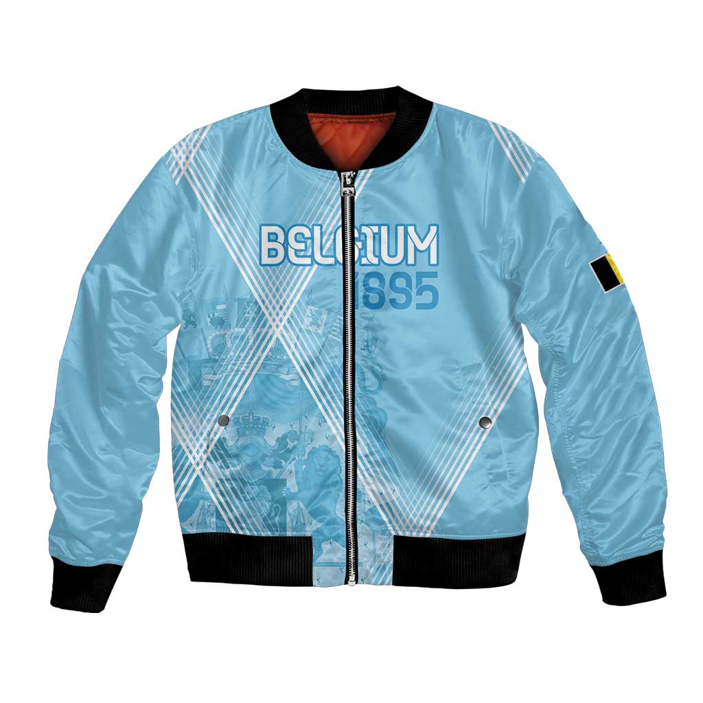 Blue bomber jacket with front zip, black ribbed collar and cuffs, Belgium graphic panel