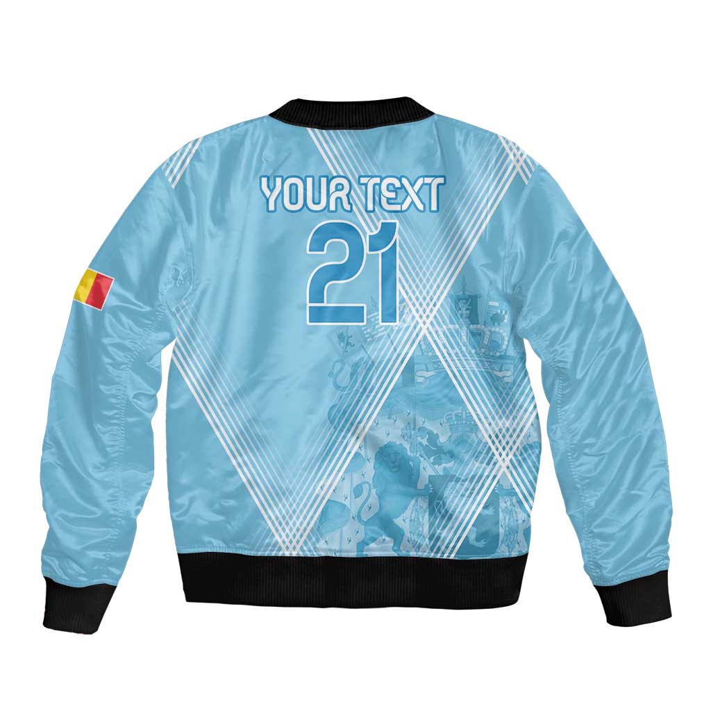 Blue bomber jacket back with number graphic, black ribbed hem and collar, zip-front style