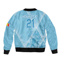 Blue bomber jacket back with number graphic, black ribbed hem and collar, zip-front style