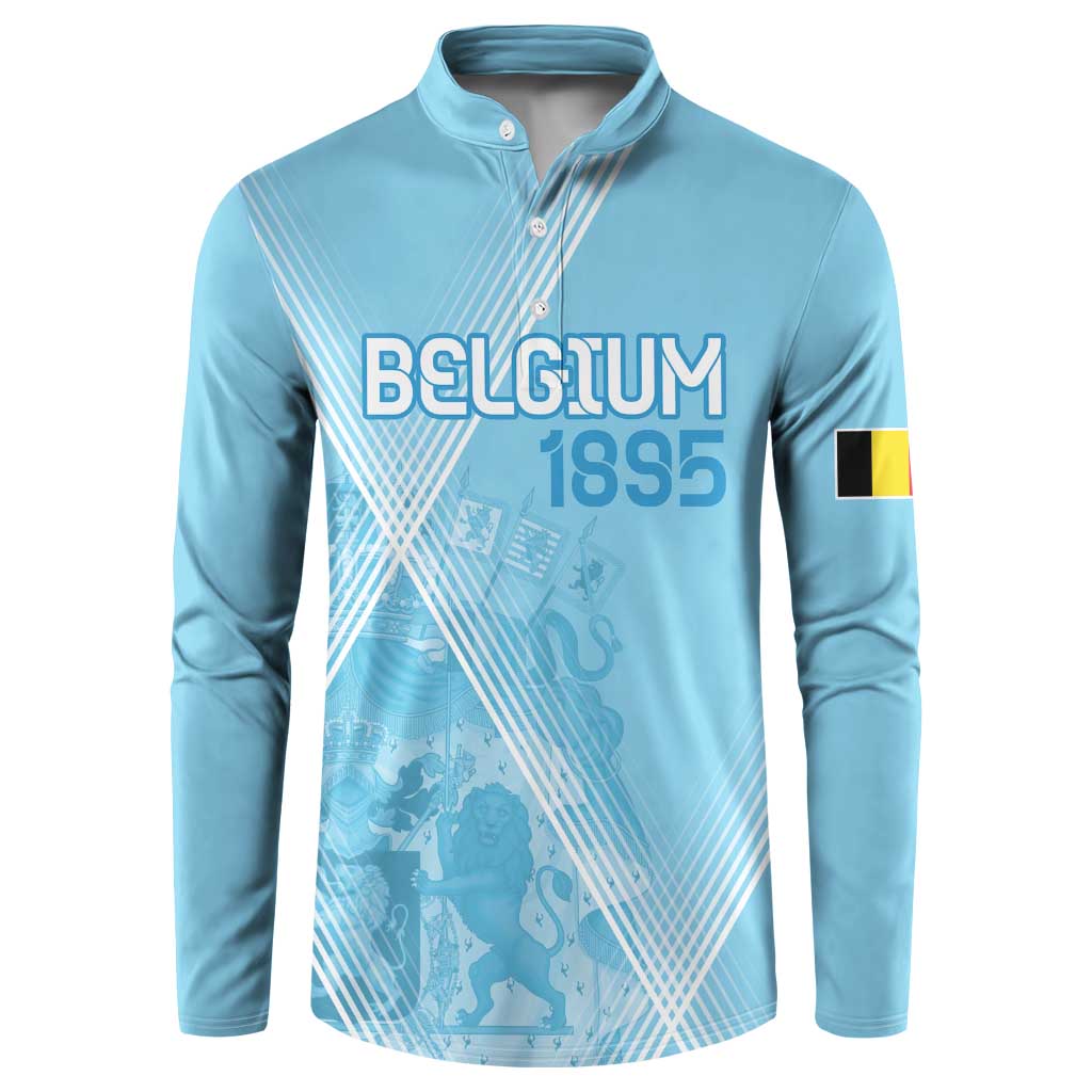 Light blue button-up sweatshirt with Belgium 1895 front graphic and flag sleeve patch