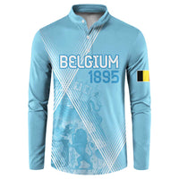 Light blue button-up sweatshirt with Belgium 1895 front graphic and flag sleeve patch