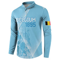 Light blue long-sleeve button-up sweatshirt with Belgium 1895 front graphic and flag sleeve patch
