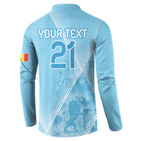 Light blue button-up sweatshirt with YOUR TEXT and number 21 graphic on back