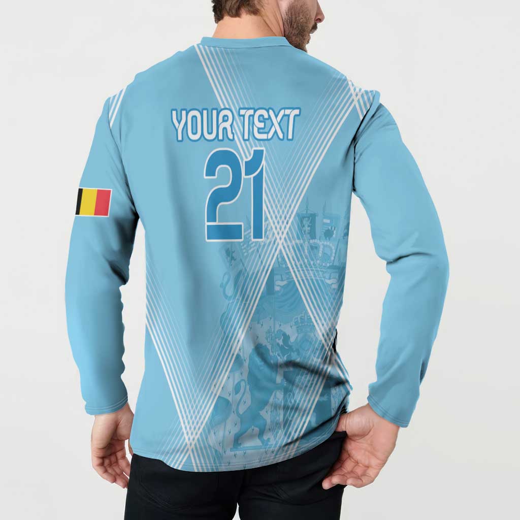 Light blue button-up sweatshirt with YOUR TEXT and number 21 back graphic and flag sleeve patch