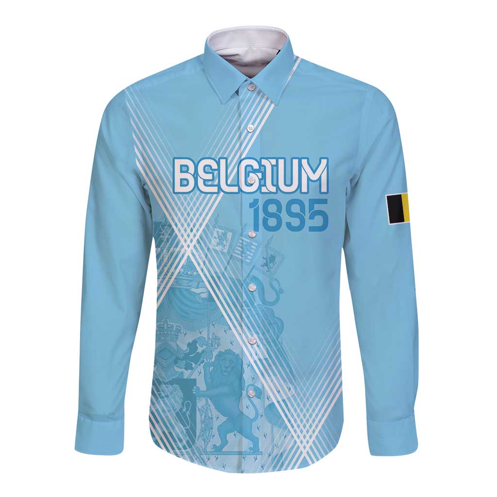 Blue long-sleeve football button shirt with Belgium 1855 front graphic