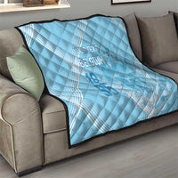 Light blue Belgium football quilt with diamond stitching and “BELGIUM” text, black trim