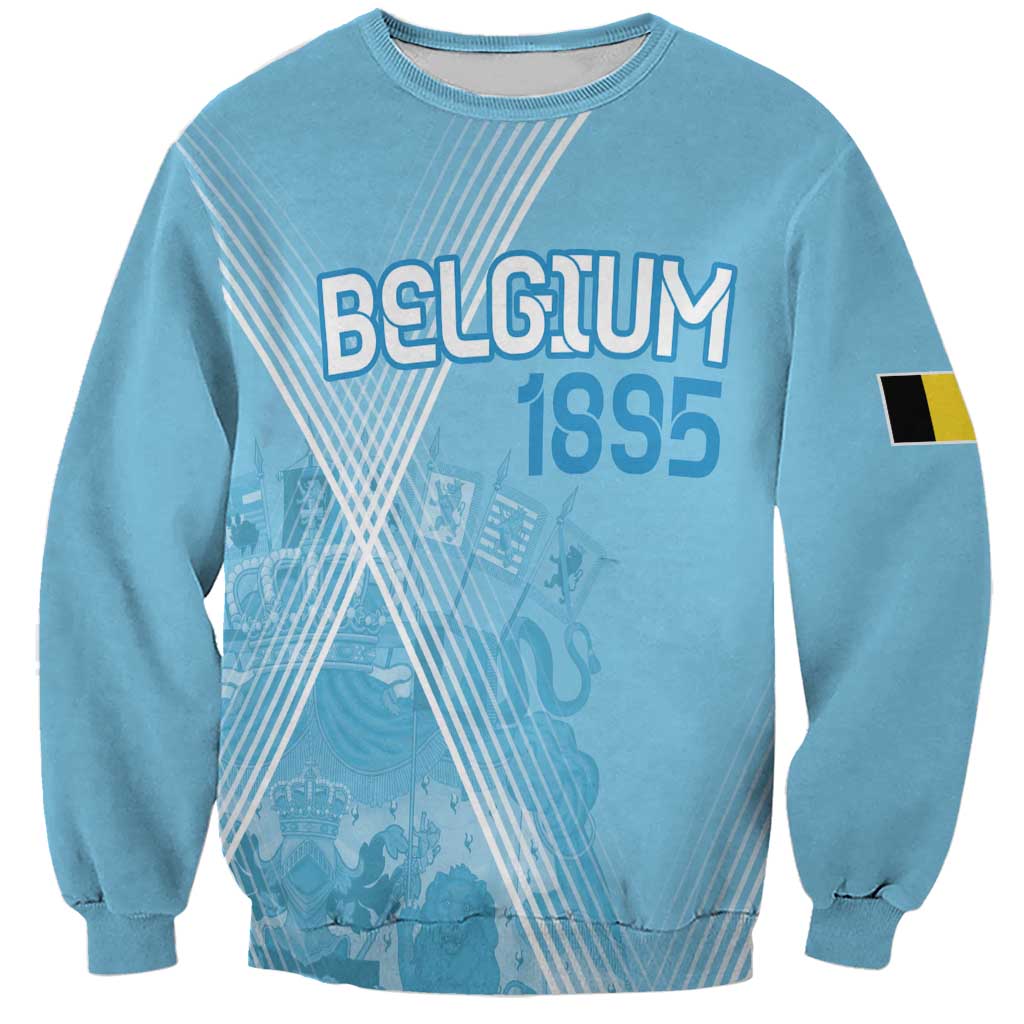 Blue football sweatshirt with BELGIUM 1955 front graphic and Belgian flag sleeve patch