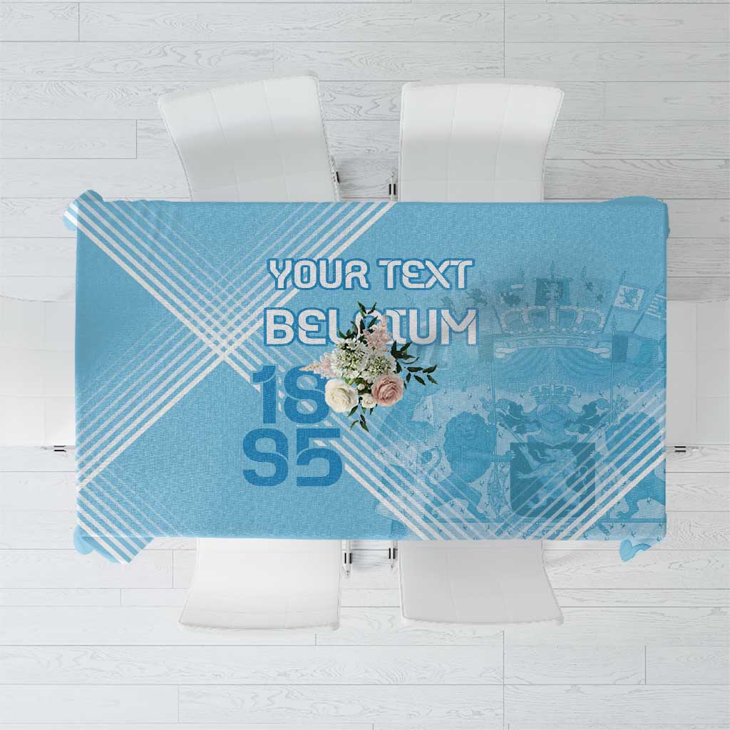 Blue football tablecloth, centered 'Your Text' and 'Belgium 95' print