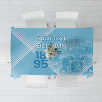 Blue football tablecloth, centered 'Your Text' and 'Belgium 95' print