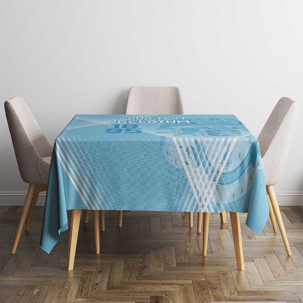 Blue football tablecloth with 'Belgium 95' and diagonal stripe accents