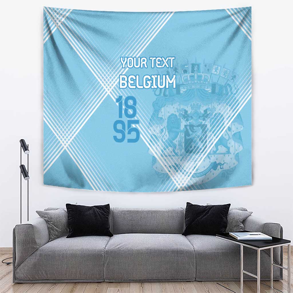 Blue Belgium football tapestry with custom text, geometric stripes, and crest graphic