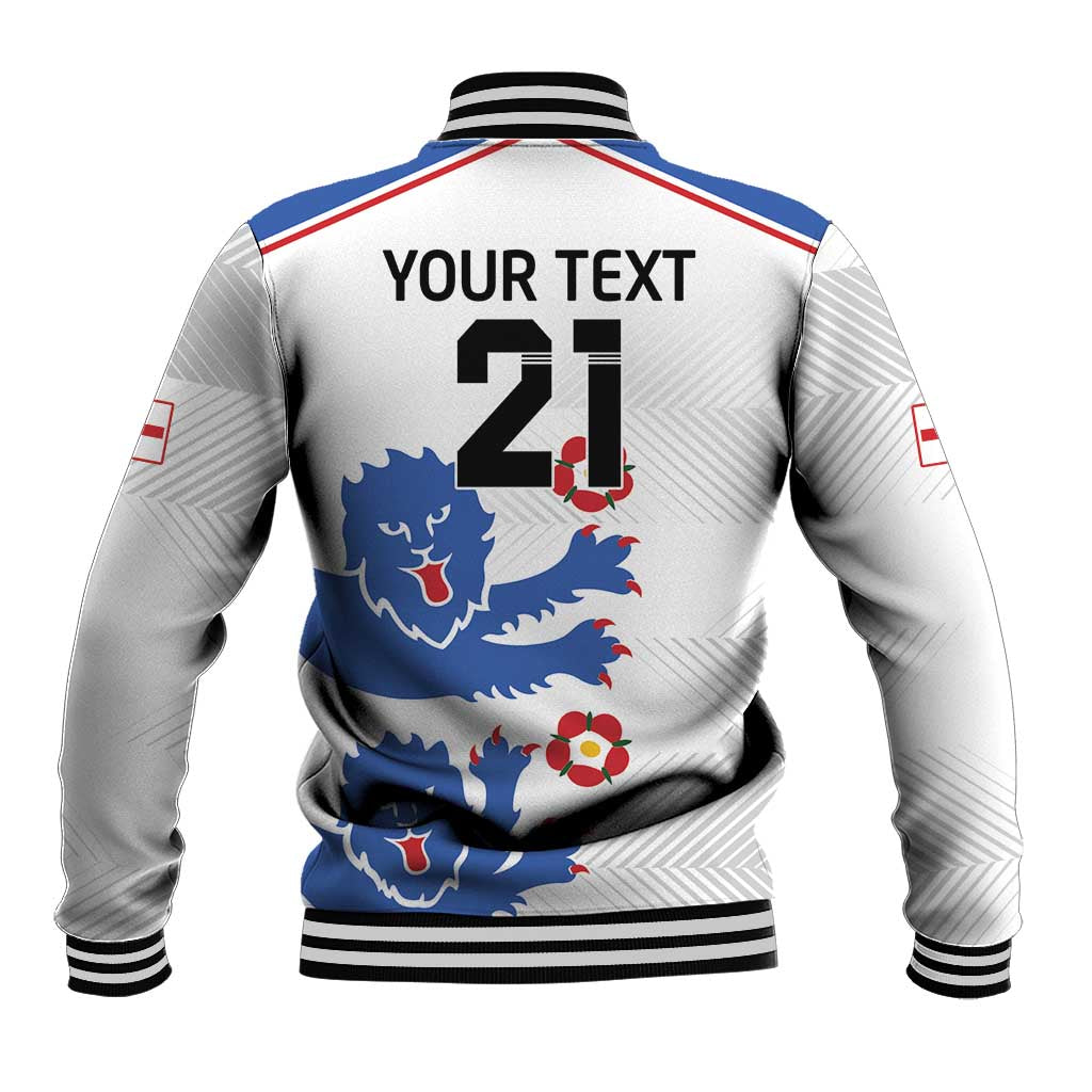 White baseball jacket with zipper, ribbed collar, back print YOUR TEXT 21 and lions