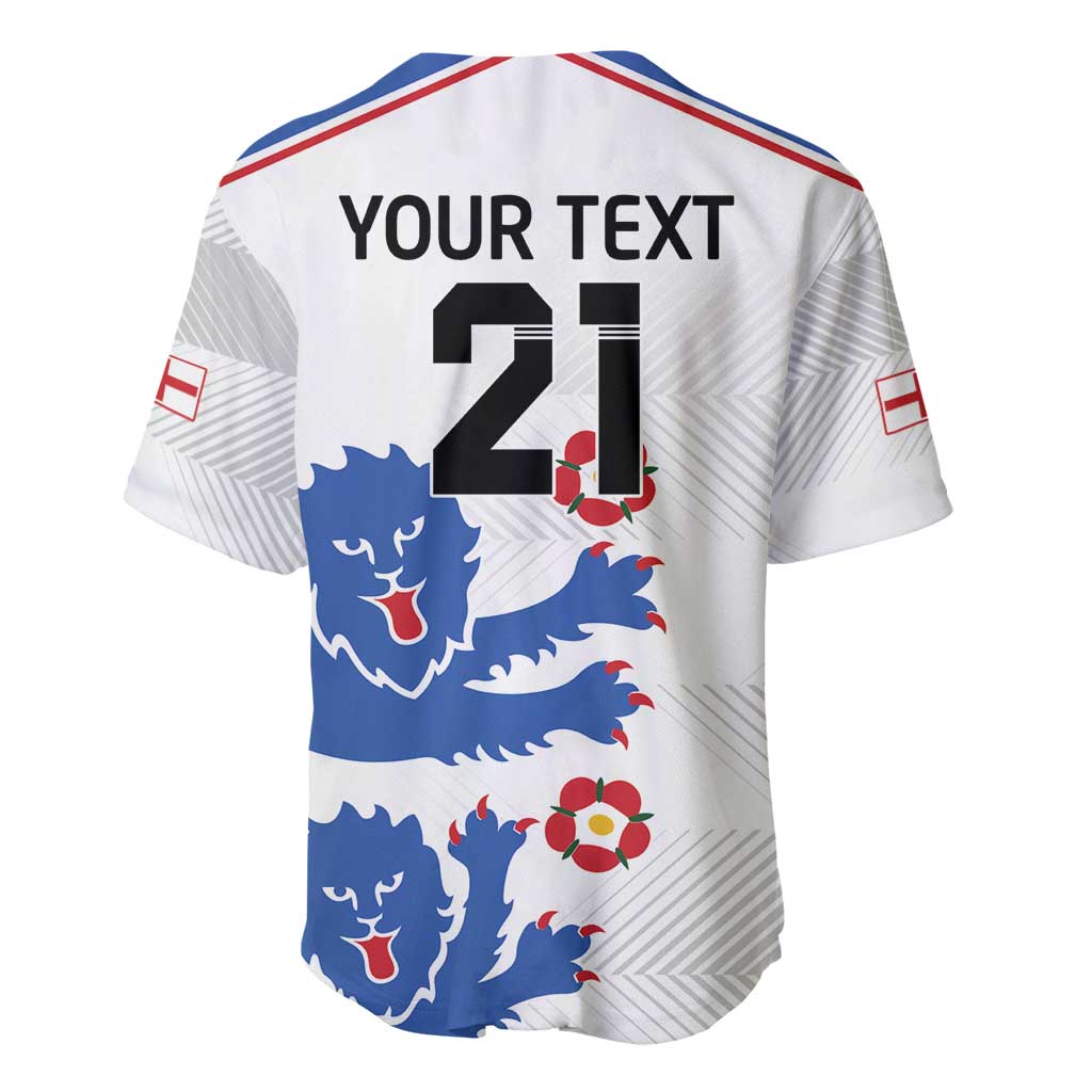 White football baseball jersey back with YOUR TEXT 21 and Three Lions pattern