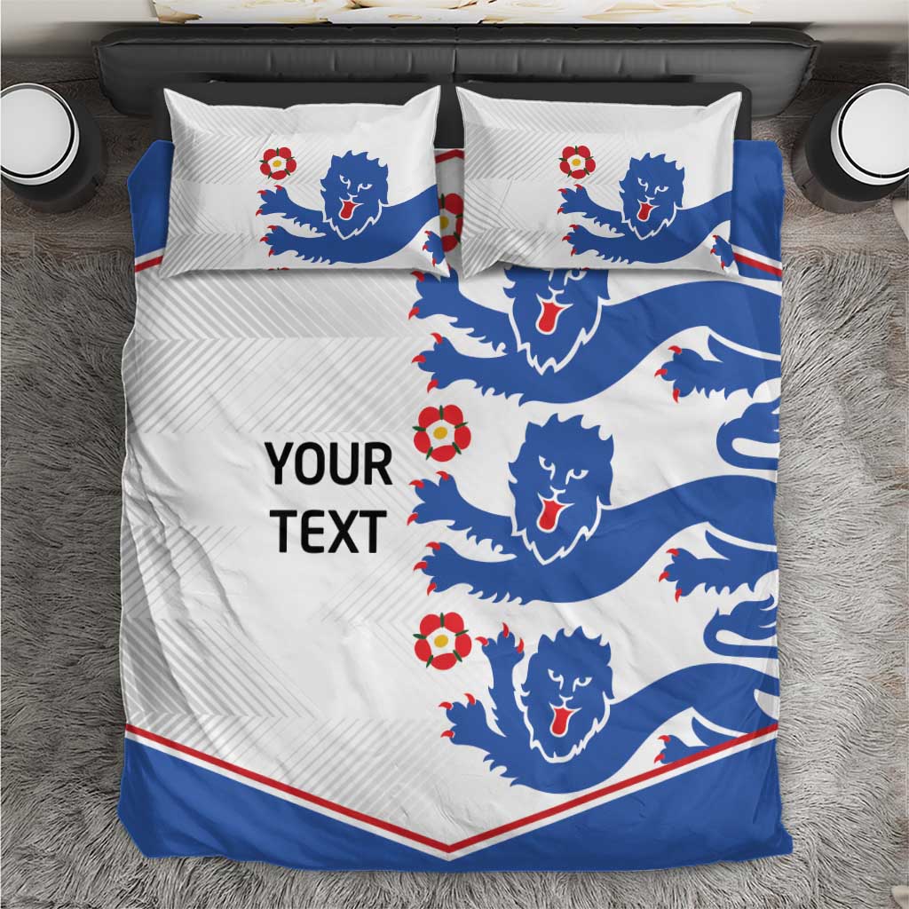 White duvet cover set with blue lion graphics, red accents, and 'YOUR TEXT' print