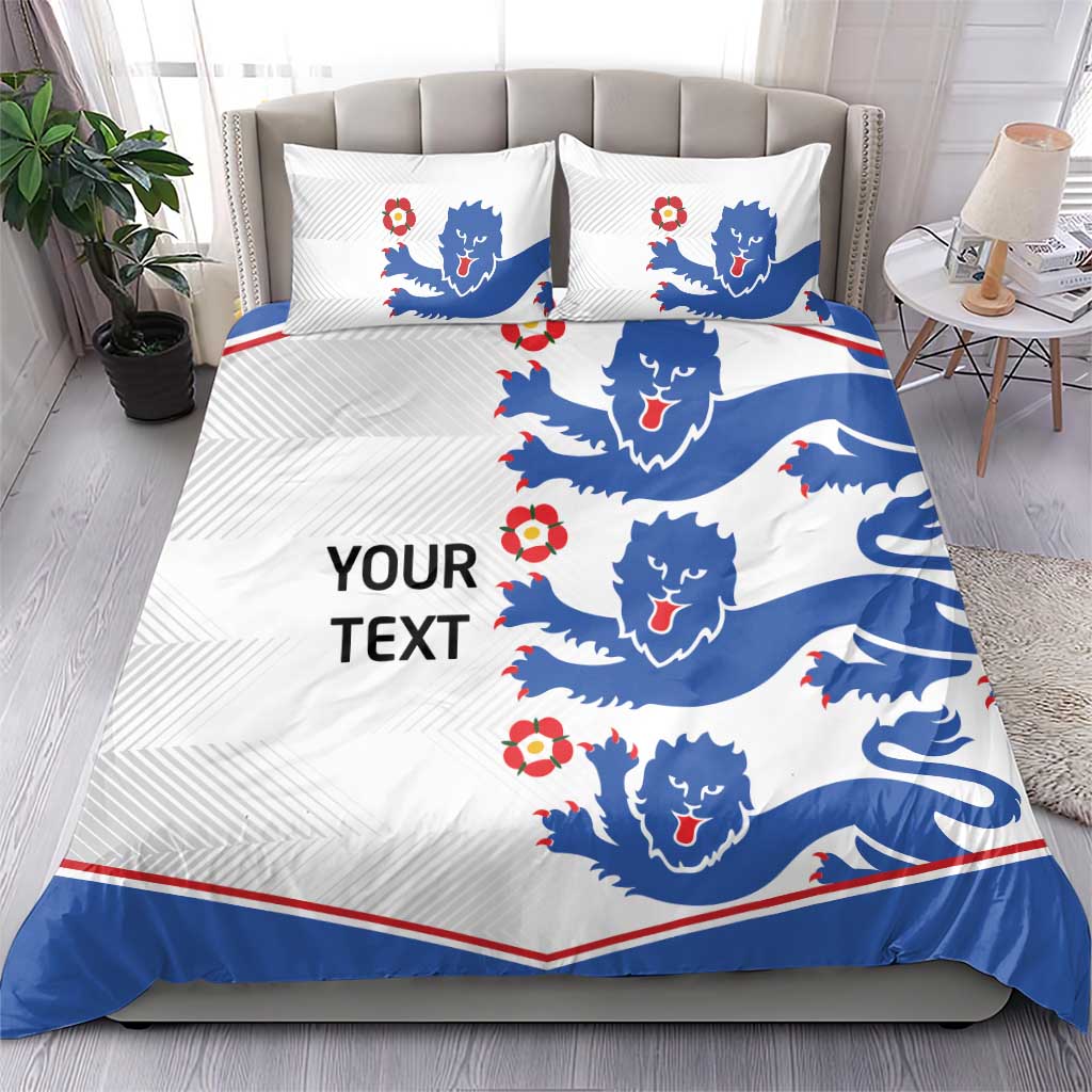 White bedding set with blue lion pattern, red details, and 'YOUR TEXT' on the duvet