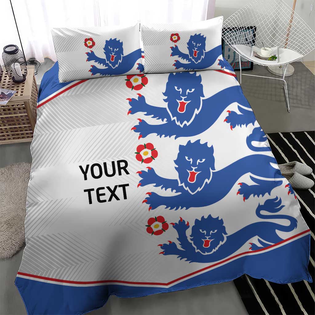 White duvet cover and pillow shams with blue lion faces and red flower accents