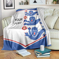 Customizable England football blanket, white with blue lions and red trim, YOUR TEXT