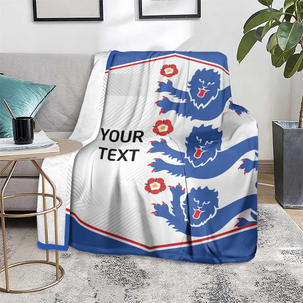 Customizable England football blanket, white and blue lions with red border, YOUR TEXT