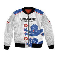 White football bomber jacket with England text, blue triple lions, and zip front