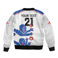 White football bomber jacket with blue triple lion graphic and number 21 on back
