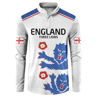 White quarter-button sweatshirt with ENGLAND THREE LIONS, blue lions and red flower accents