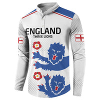 White sweatshirt with ENGLAND THREE LIONS, blue lion faces, red flower and shoulder trim