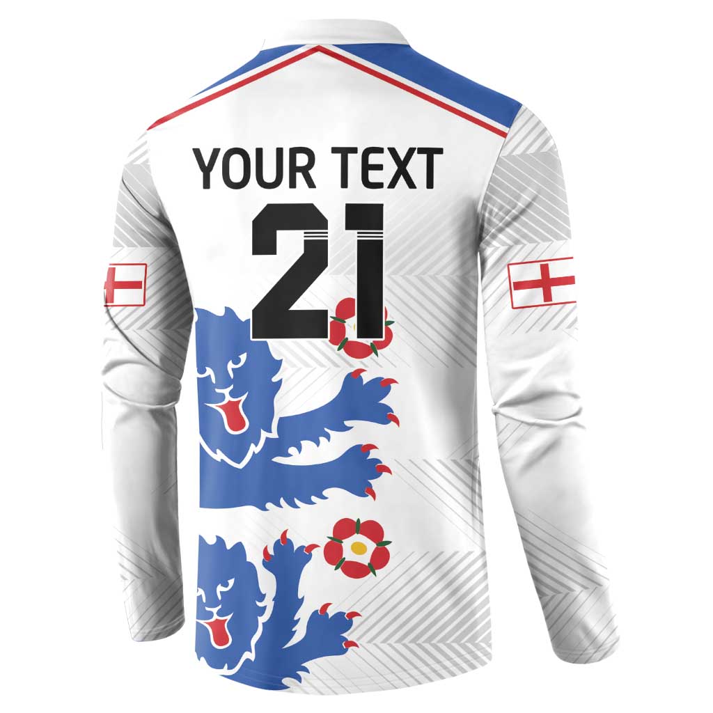 White sweatshirt back view, button placket, blue lion print, red/blue trim, 'YOUR TEXT 21'
