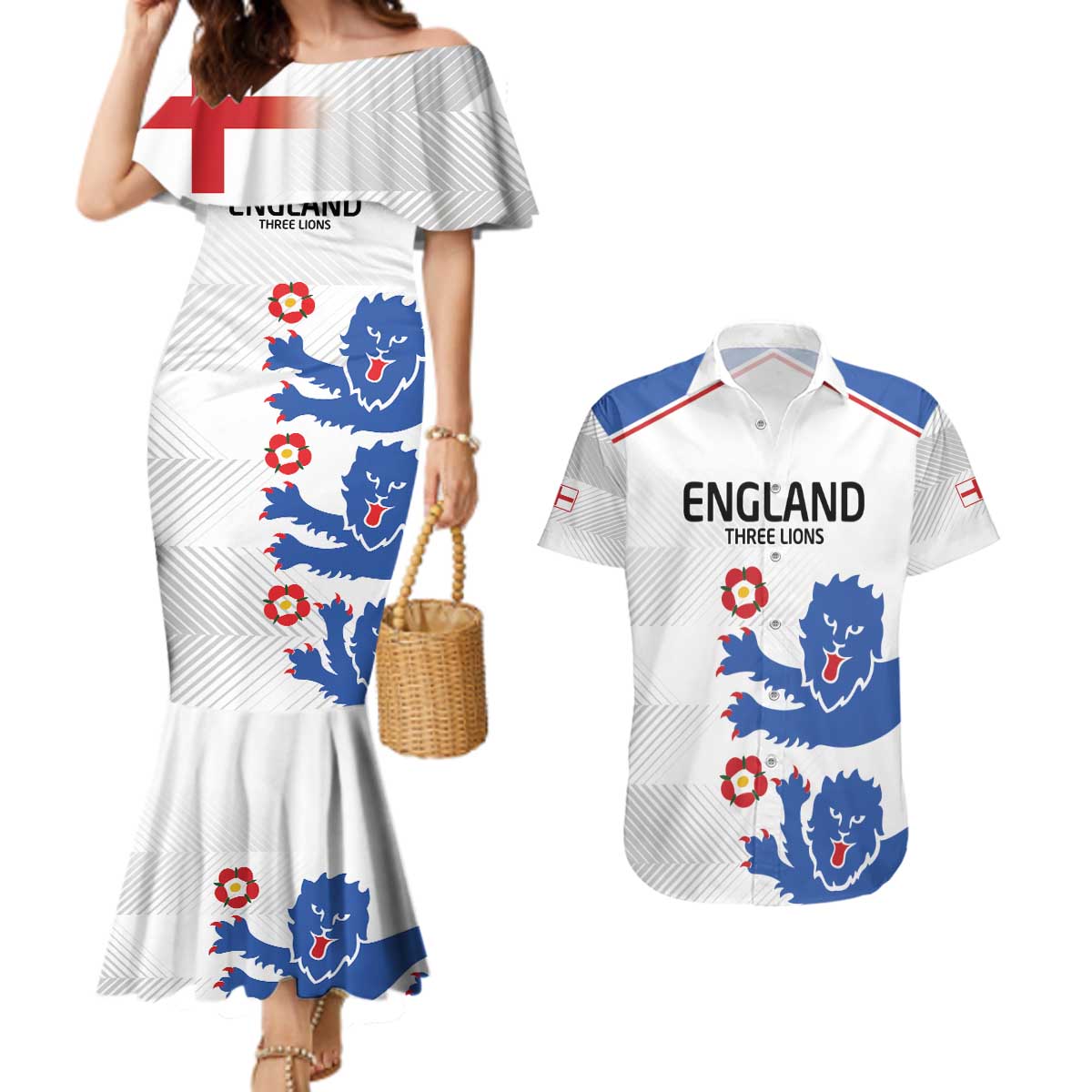 Custom England Football Couples Matching Mermaid Dress and Hawaiian Shirt Simple Triple Lions LT9 - Wonder Print Shop