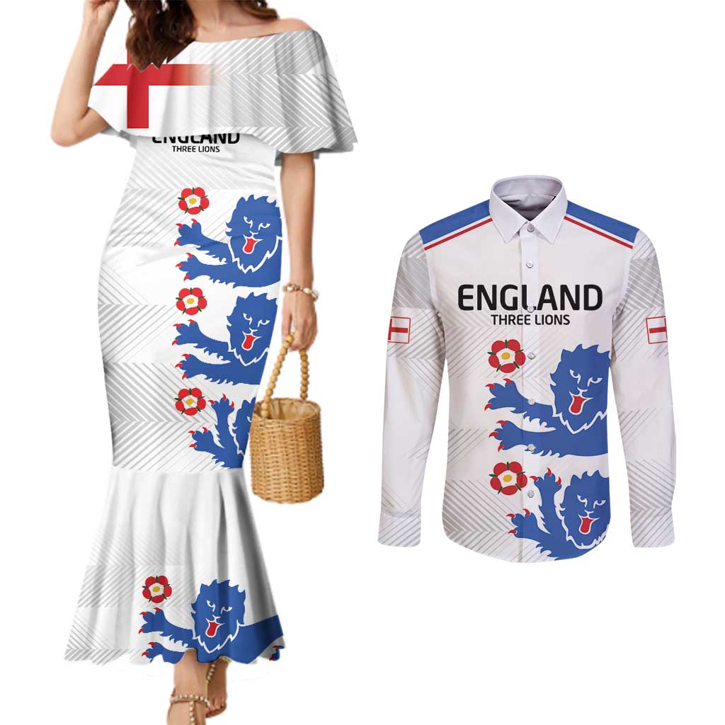 Custom England Football Couples Matching Mermaid Dress and Long Sleeve Button Shirt Simple Triple Lions