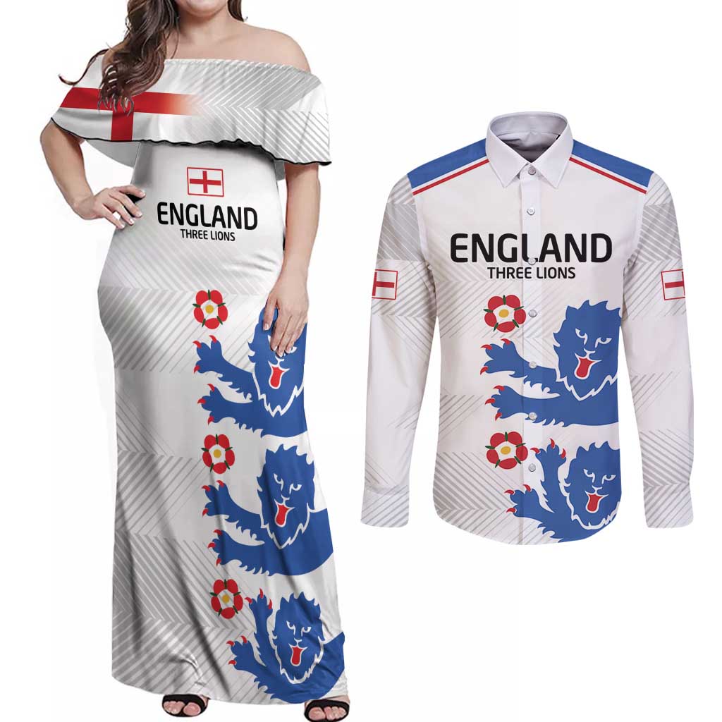 Custom England Football Couples Matching Off Shoulder Maxi Dress and Long Sleeve Button Shirt Simple Triple Lions LT9 - Wonder Print Shop