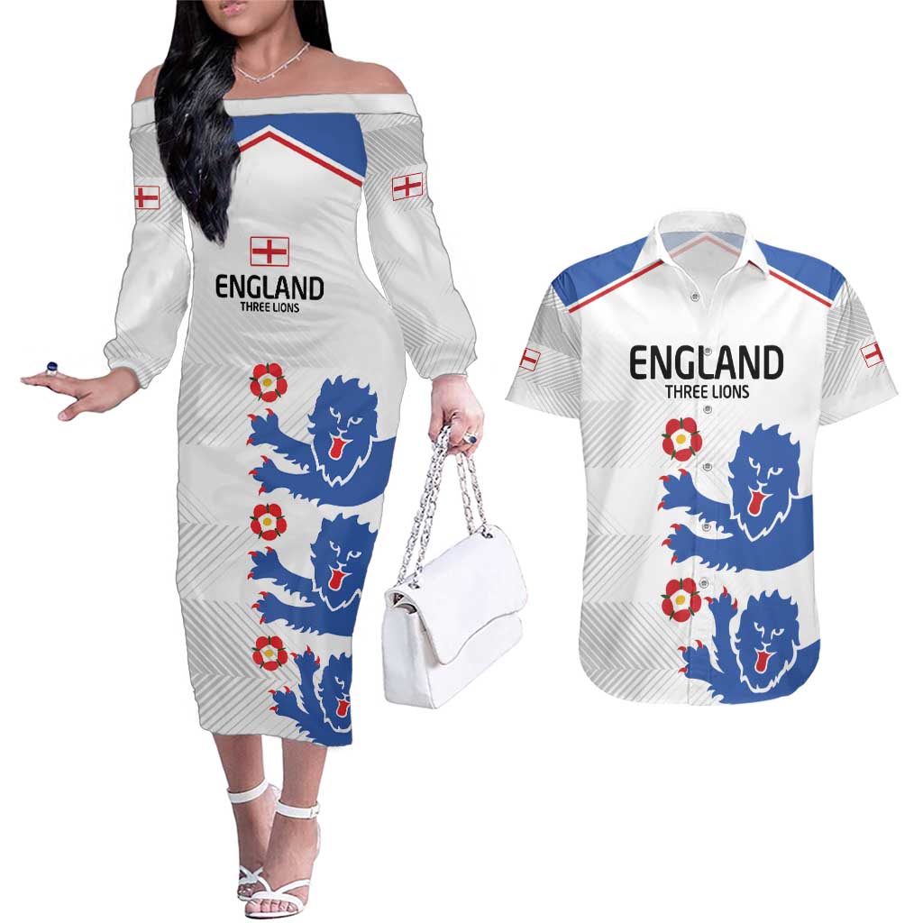 Custom England Football Couples Matching Off The Shoulder Long Sleeve Dress and Hawaiian Shirt Simple Triple Lions LT9 - Wonder Print Shop