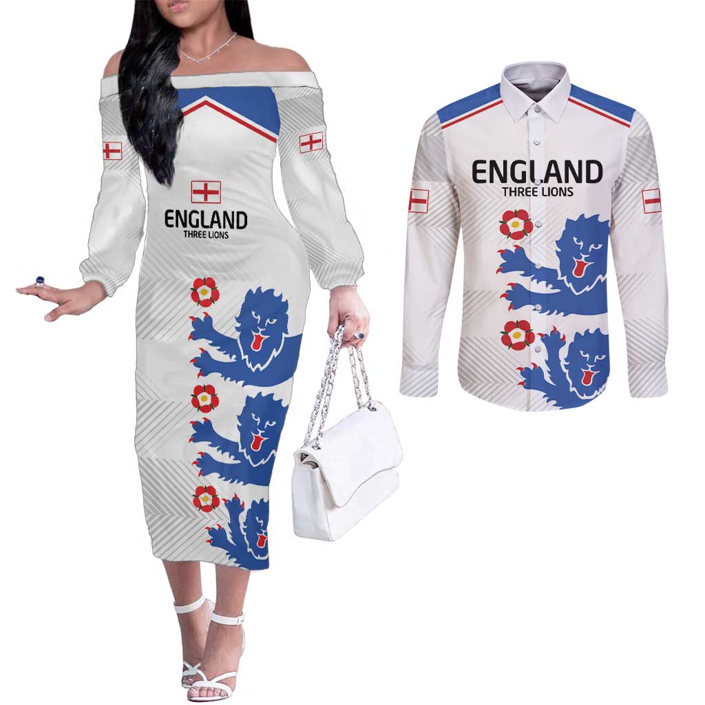 Custom England Football Couples Matching Off The Shoulder Long Sleeve Dress and Long Sleeve Button Shirt Simple Triple Lions