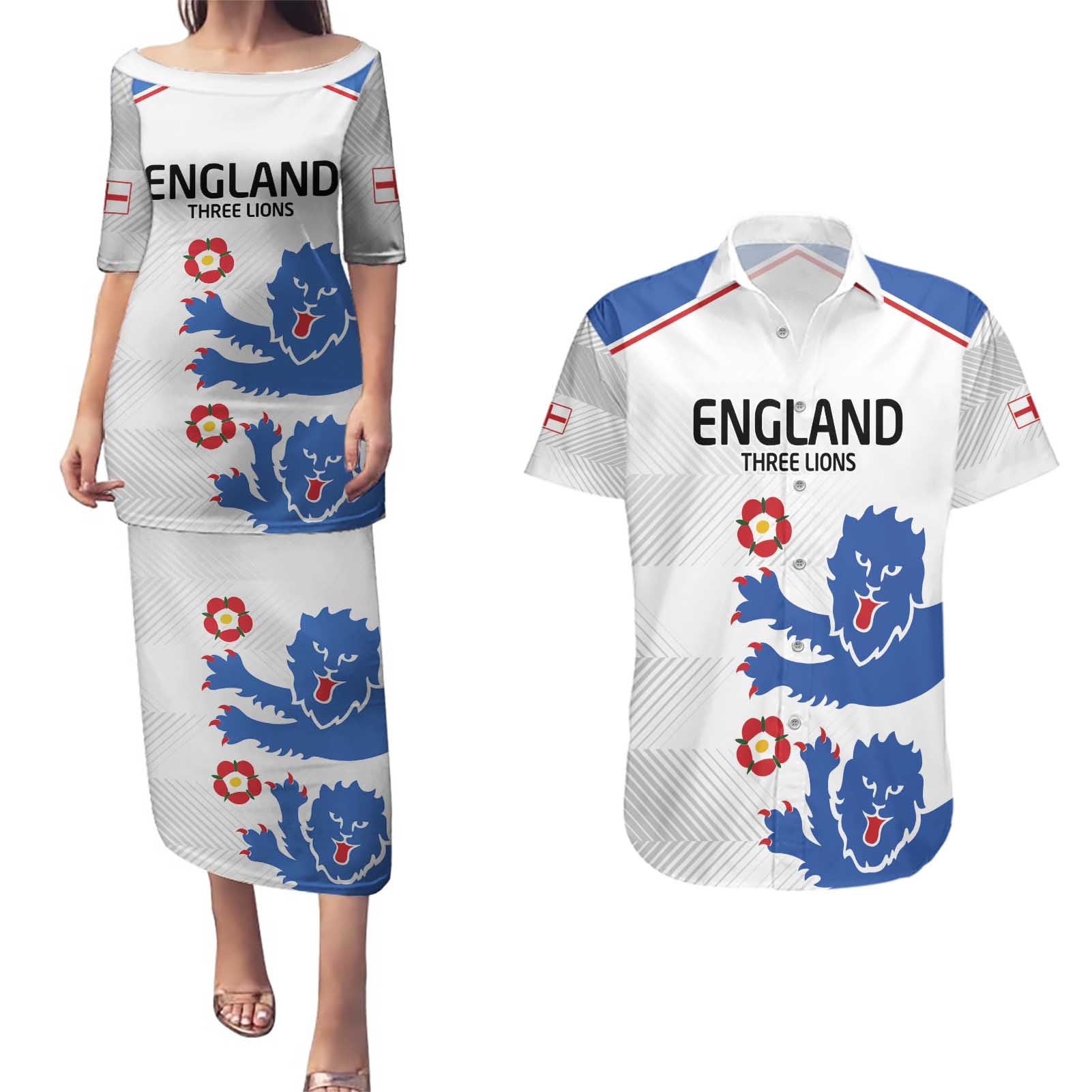 Custom England Football Couples Matching Puletasi and Hawaiian Shirt Simple Triple Lions LT9 - Wonder Print Shop