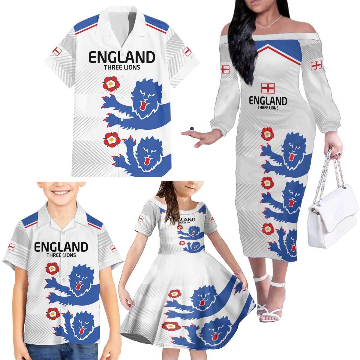 Custom England Football Family Matching Off The Shoulder Long Sleeve Dress and Hawaiian Shirt Simple Triple Lions - Wonder Print Shop