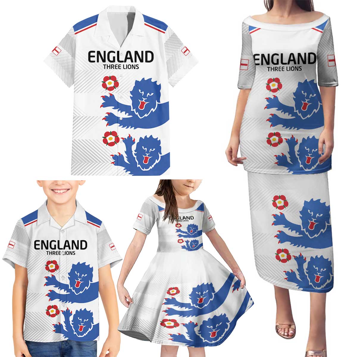 Custom England Football Family Matching Puletasi and Hawaiian Shirt Simple Triple Lions - Wonder Print Shop