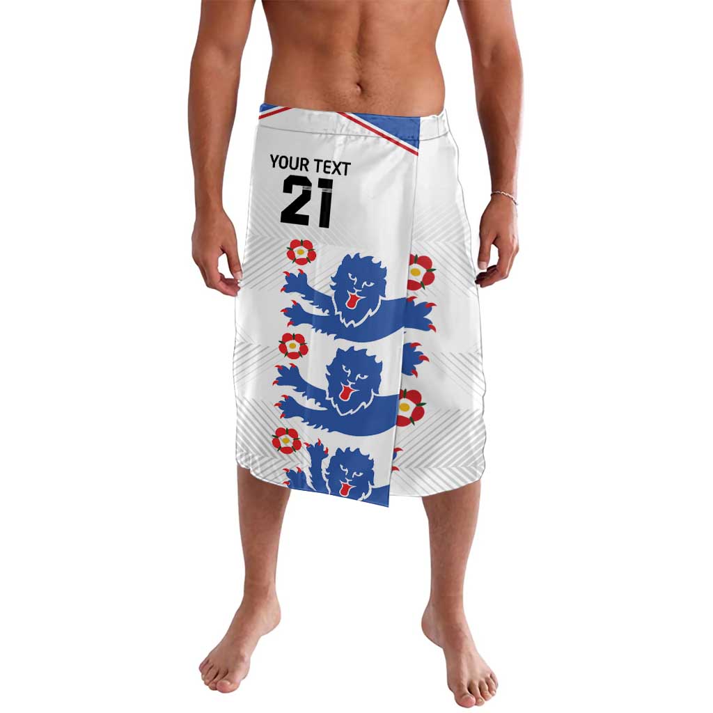 White printed lavalava with blue lion and red flower graphics, custom text and number
