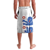 White printed lavalava with blue lion and red flower graphics, visible waistband