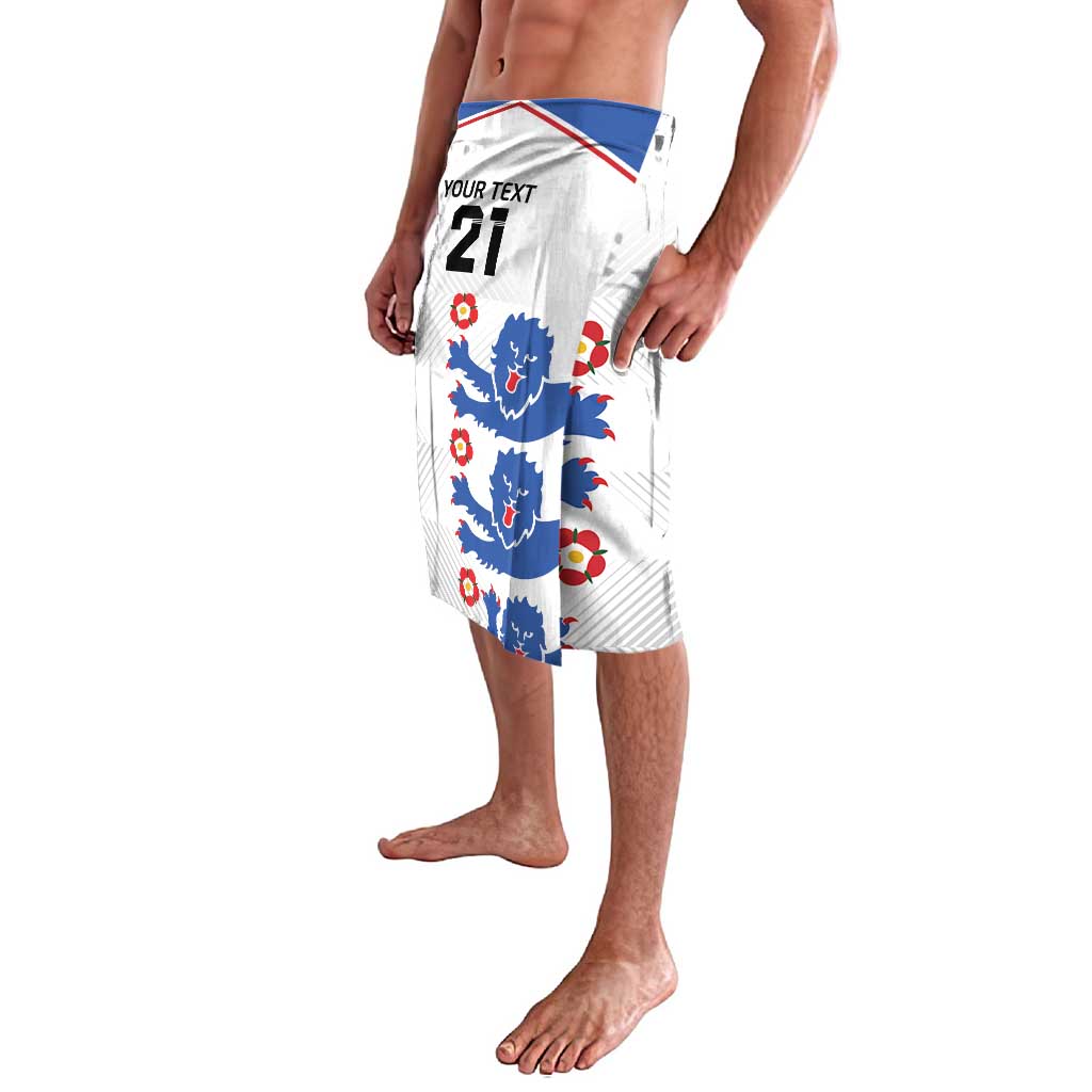 White printed lavalava with blue lion and red flower graphic panels, side view