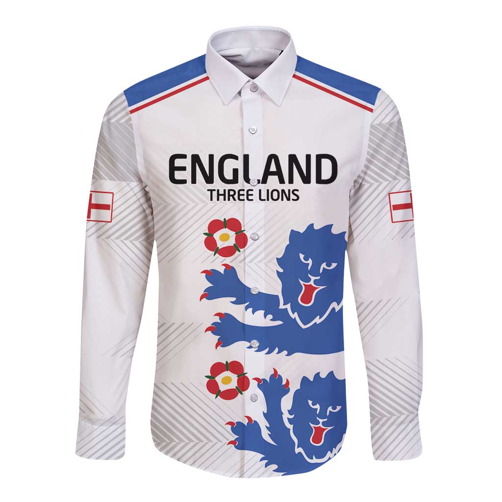 White long-sleeve button football shirt with England Three Lions graphic