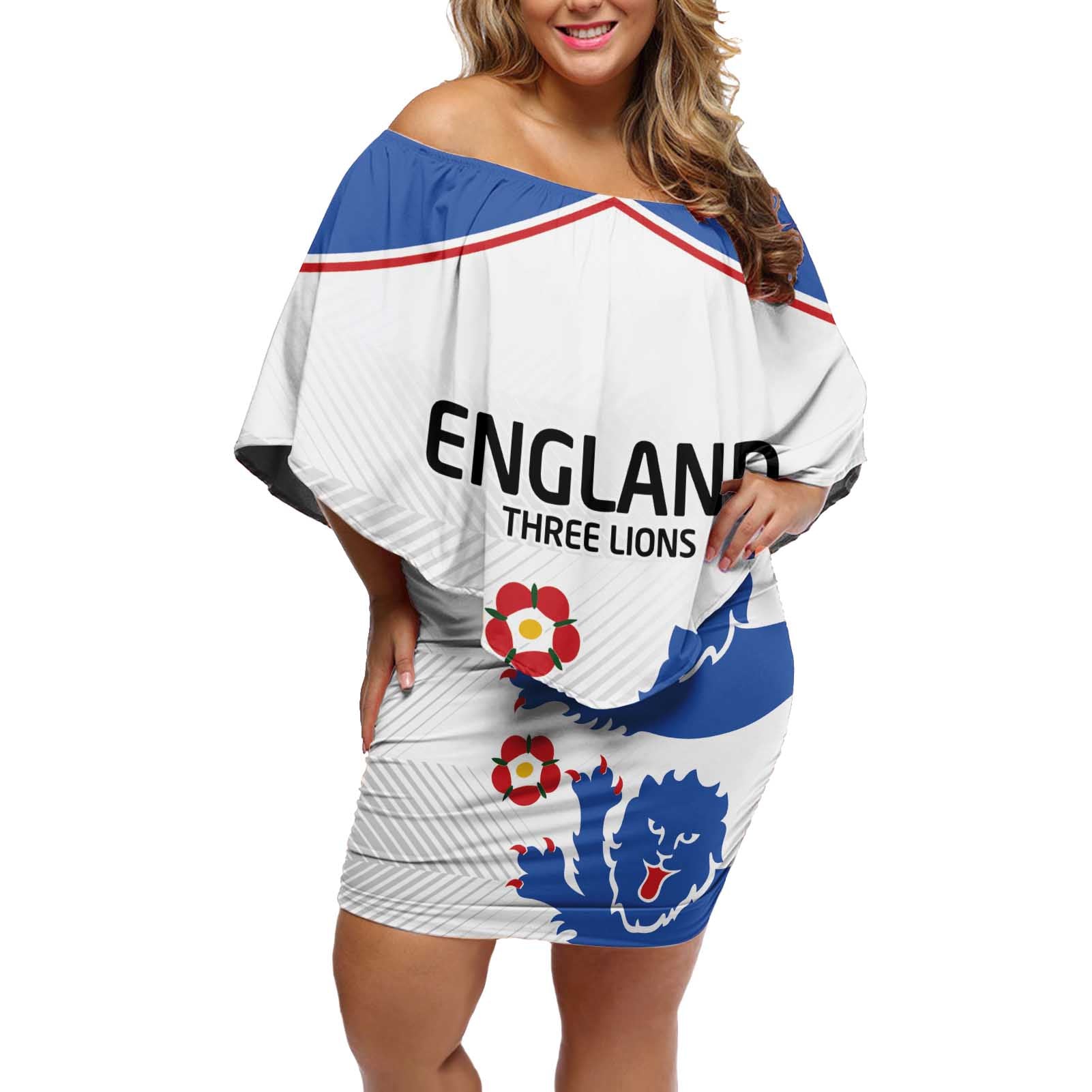 Custom England Football Off Shoulder Short Dress Simple Triple Lions - Wonder Print Shop