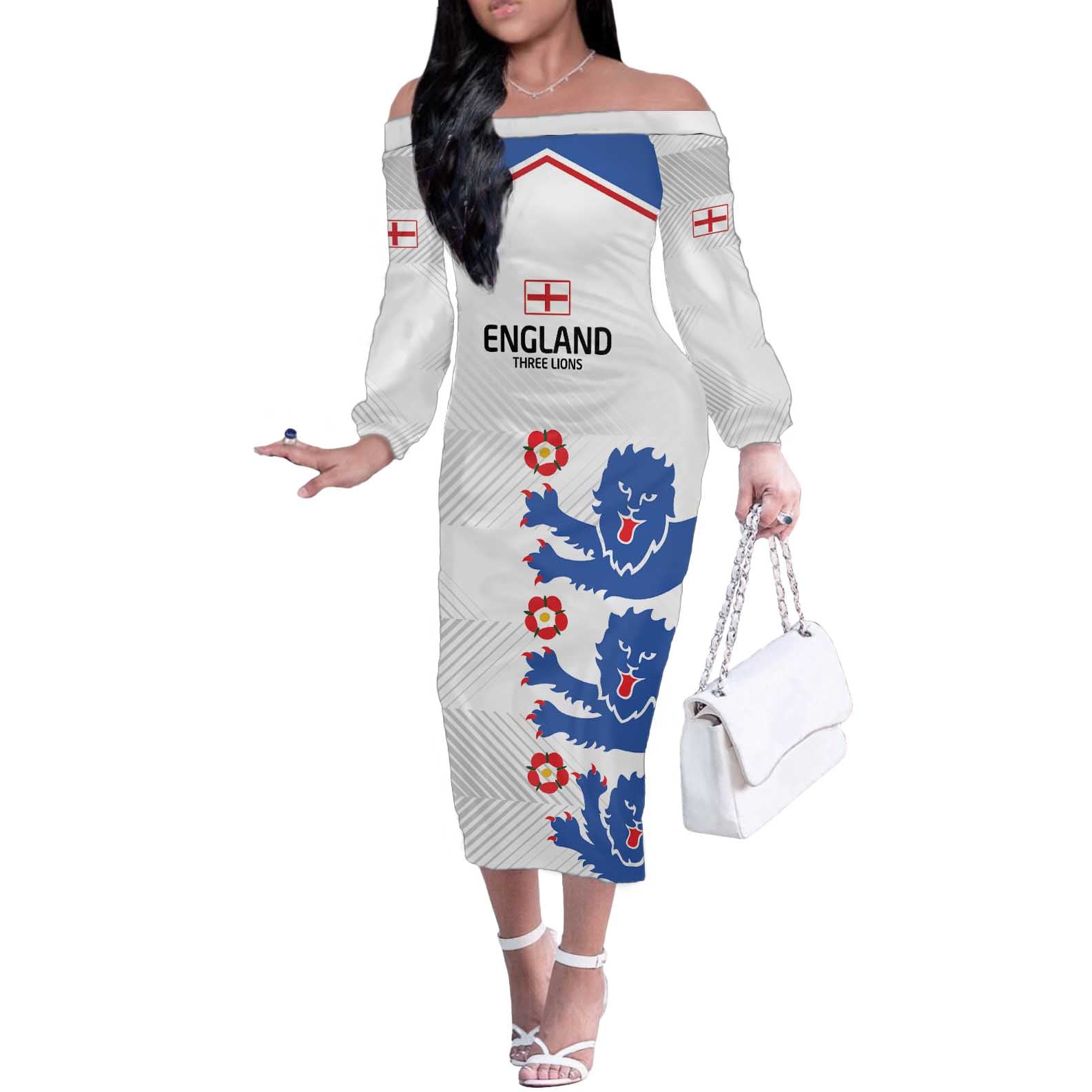 Custom England Football Off The Shoulder Long Sleeve Dress Simple Triple Lions - Wonder Print Shop