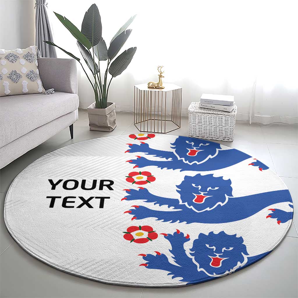 Round football rug with blue lion crests on light gray base, “YOUR TEXT” text