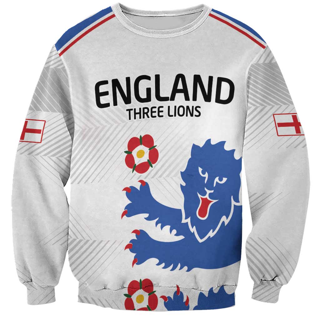 White football sweatshirt with England lettering, three lions graphic and red-blue flag stripes on sleeves