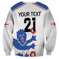 White football sweatshirt with flag stripes and blue triple lion graphic, 'YOUR TEXT 21'