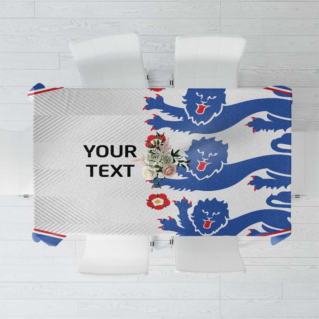 Custom text football tablecloth with blue lion graphic pattern and white background.